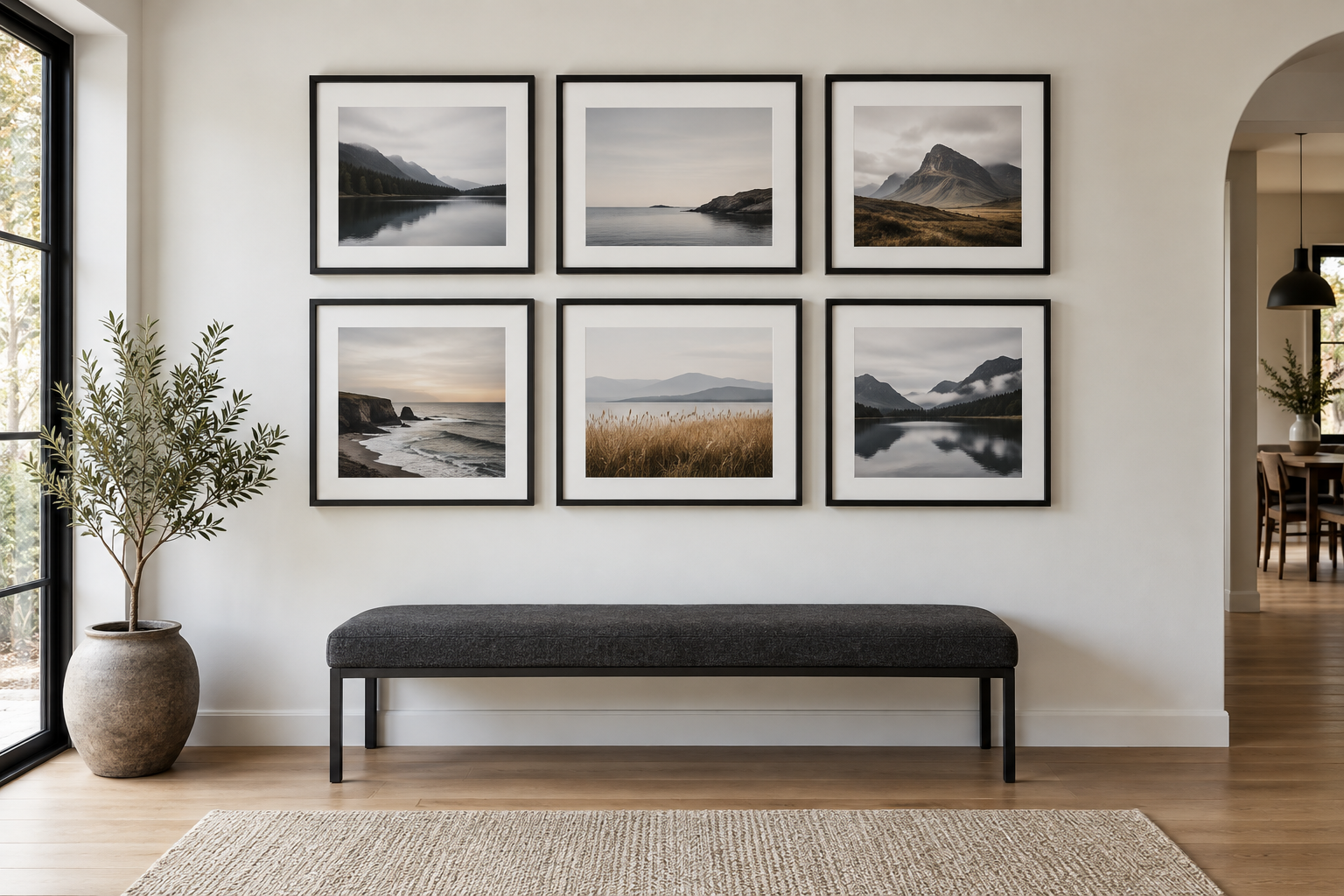 Illustrative gallery wall with six black-framed photographs arranged above a bench